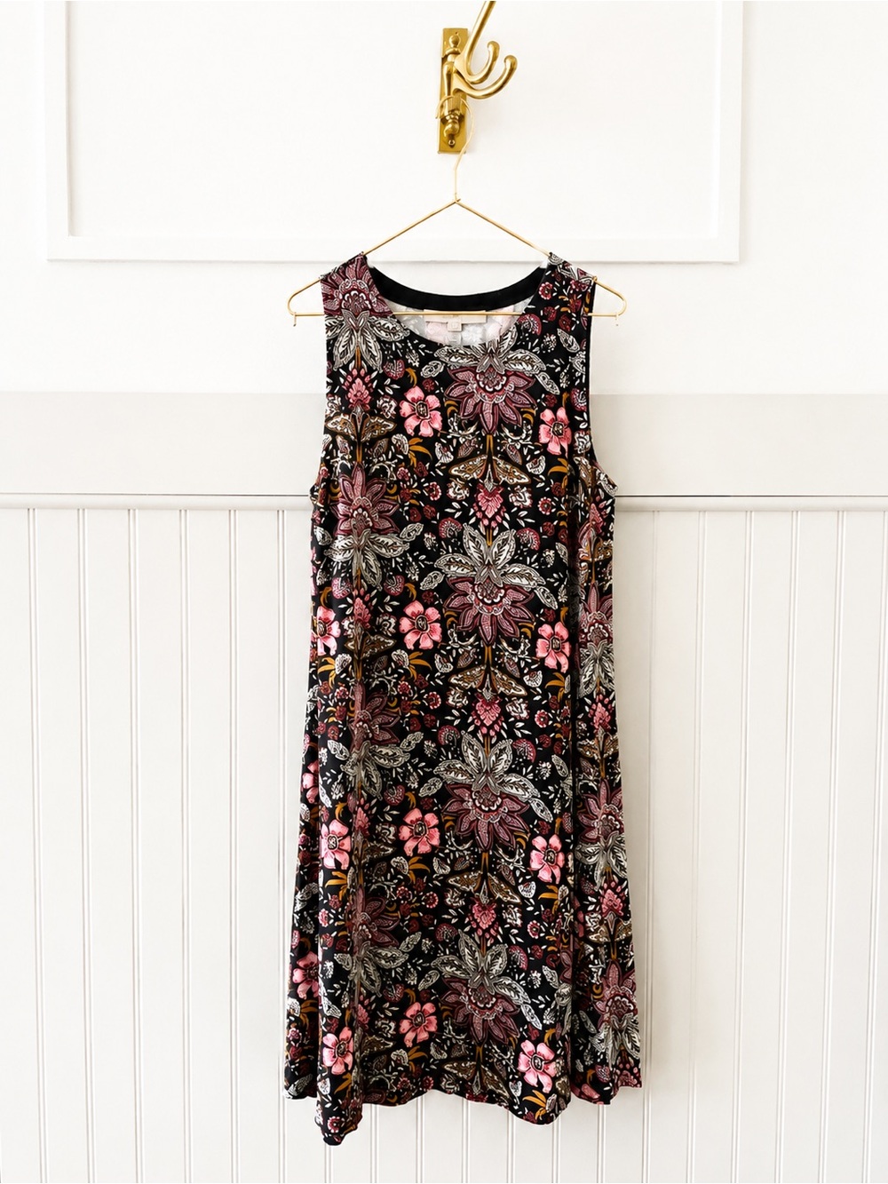LOFT Black Floral Midi Dress with Pink & Brown Accents